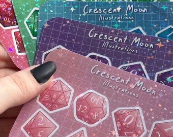 Set di fogli di adesivi per dadi D&D - 5 colori vivaci con accenti olografici, perfetti per giocatori da tavolo e Dungeon Master! | Rosa, viola, blu