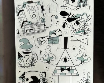 Foglio di adesivi trasparenti per fan art di Gravity Falls: adesivi impermeabili per bullet journal, scrapbooking, laptop e altro ancora.