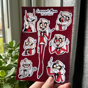 Foglio di adesivi dell'Hazbin Hotel | Vox, Alastor, Angel Dust e Lucifer | Merchandising per i fan dell'Hazbin Hotel | Impermeabile | Bullet journal, adesivo per laptop Charlie