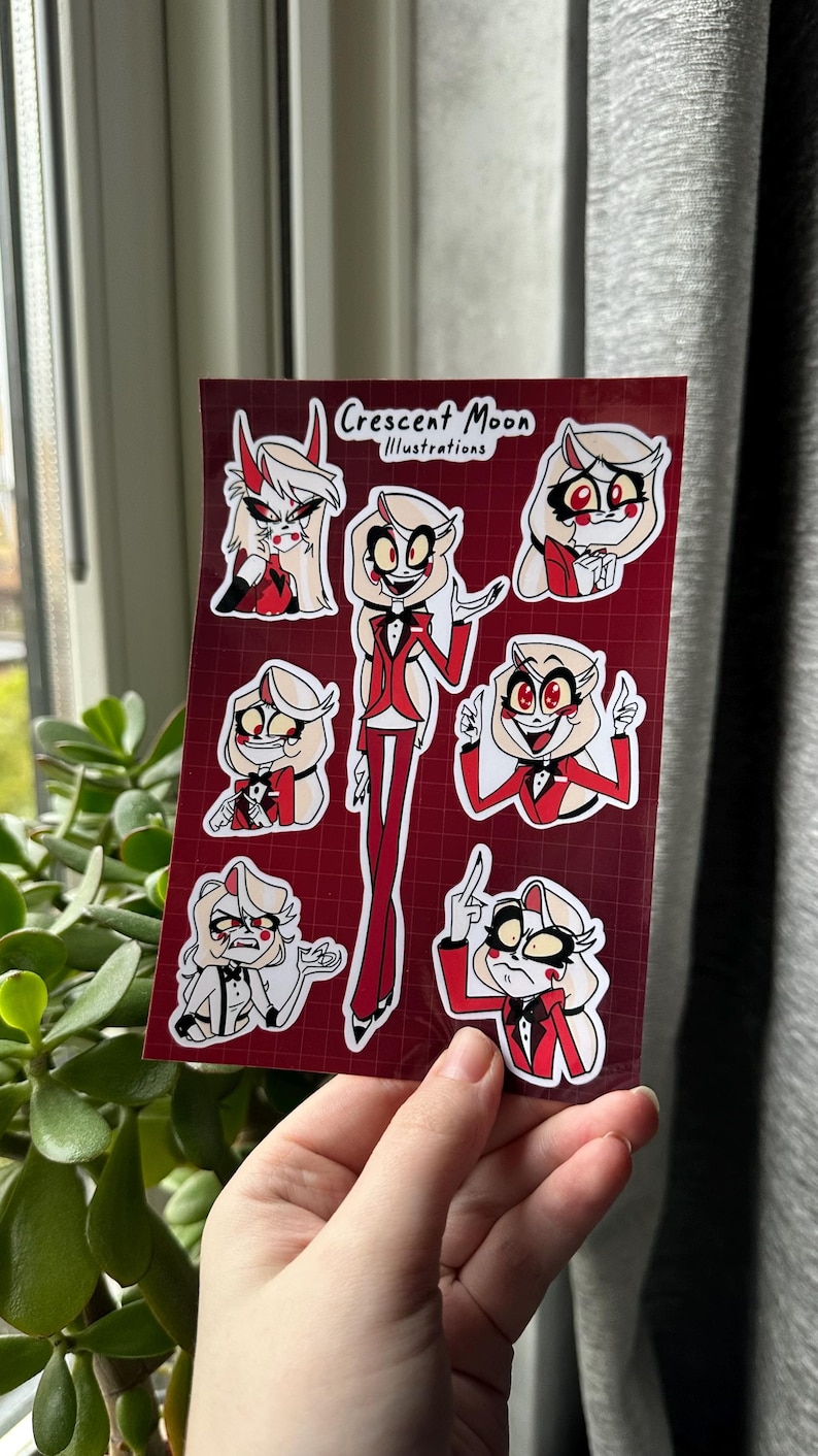 Foglio di adesivi dell'Hazbin Hotel | Vox, Alastor, Angel Dust e Lucifer | Merchandising per i fan dell'Hazbin Hotel | Impermeabile | Bullet journal, adesivo per laptop Charlie