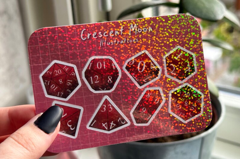 D&D tärningsklistermärkesark - 5 livfulla färger med holografiska accenter, perfekt för bordsspelare och Dungeon Masters! | Rosa, lila, blå Red (doted holo)