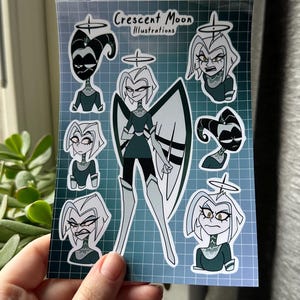 Foglio di adesivi dell'Hazbin Hotel | Vox, Alastor, Angel Dust e Lucifer | Merchandising per i fan dell'Hazbin Hotel | Impermeabile | Bullet journal, adesivo per laptop Lute