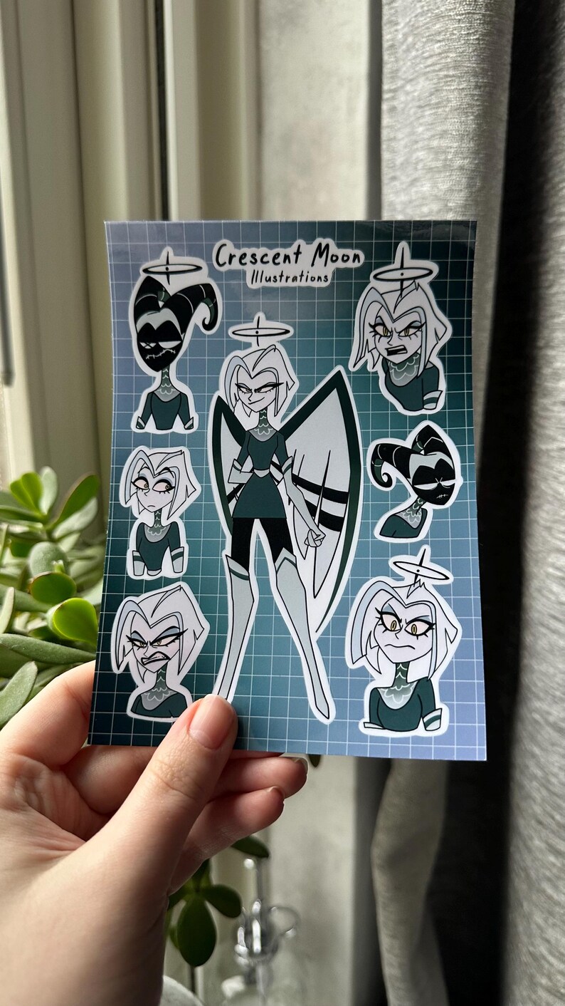 Foglio di adesivi dell'Hazbin Hotel | Vox, Alastor, Angel Dust e Lucifer | Merchandising per i fan dell'Hazbin Hotel | Impermeabile | Bullet journal, adesivo per laptop Lute