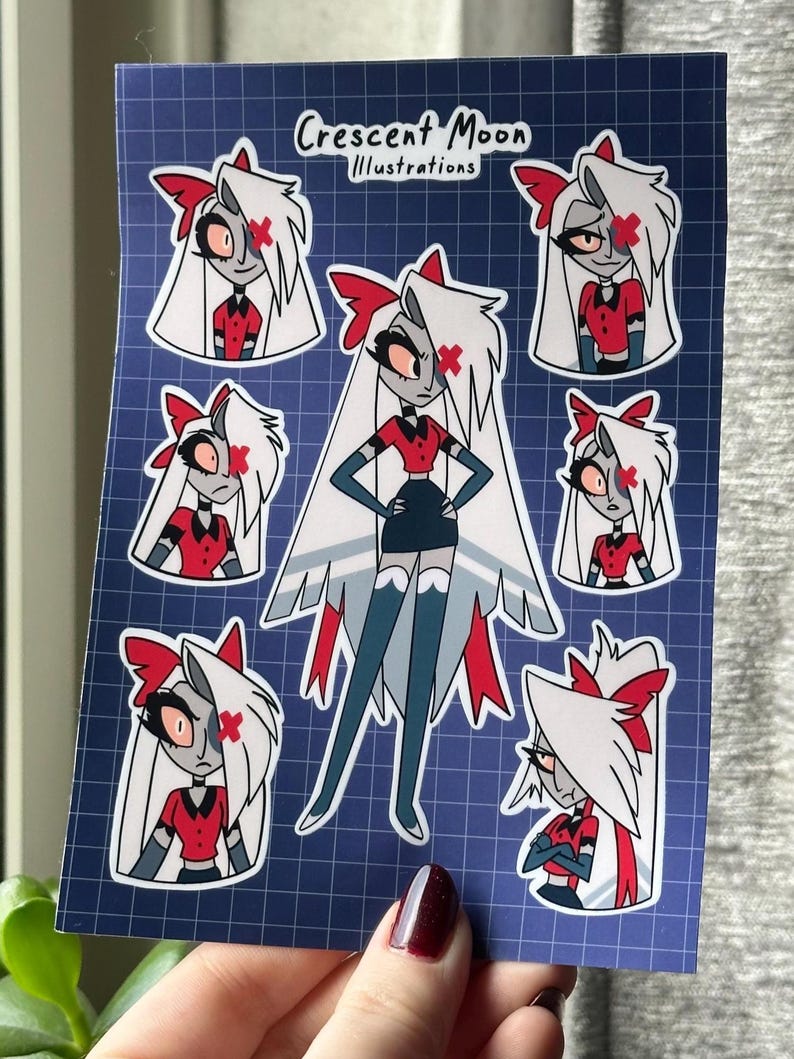 Foglio di adesivi dell'Hazbin Hotel | Vox, Alastor, Angel Dust e Lucifer | Merchandising per i fan dell'Hazbin Hotel | Impermeabile | Bullet journal, adesivo per laptop Vaggie