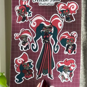 Foglio di adesivi dell'Hazbin Hotel | Vox, Alastor, Angel Dust e Lucifer | Merchandising per i fan dell'Hazbin Hotel | Impermeabile | Bullet journal, adesivo per laptop Velvet