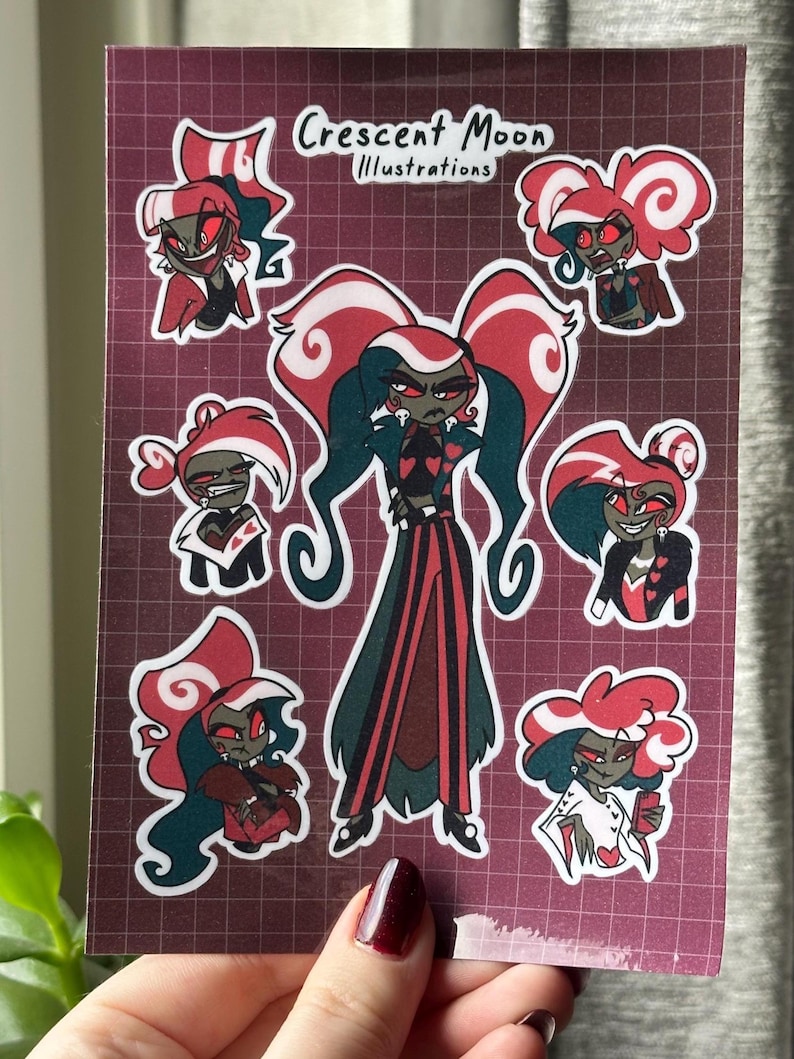 Foglio di adesivi dell'Hazbin Hotel | Vox, Alastor, Angel Dust e Lucifer | Merchandising per i fan dell'Hazbin Hotel | Impermeabile | Bullet journal, adesivo per laptop Velvet