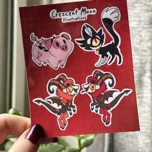 Foglio di adesivi dell'Hazbin Hotel | Vox, Alastor, Angel Dust e Lucifer | Merchandising per i fan dell'Hazbin Hotel | Impermeabile | Bullet journal, adesivo per laptop Animals