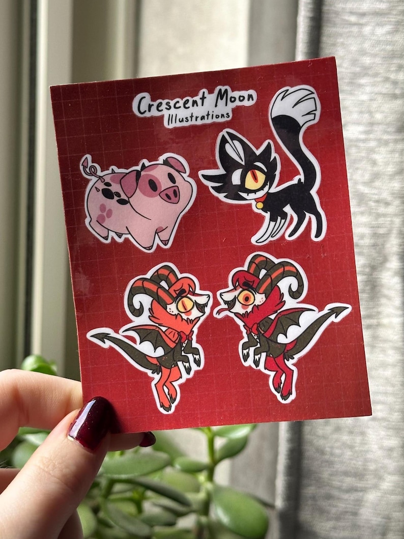 Foglio di adesivi dell'Hazbin Hotel | Vox, Alastor, Angel Dust e Lucifer | Merchandising per i fan dell'Hazbin Hotel | Impermeabile | Bullet journal, adesivo per laptop Animals