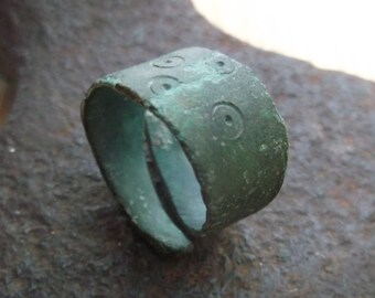 Authentic Medieval Primitive Open Ring with Solar Symbols and Pataina. Chernyakhov Culture. Early Slavs 400-600 AD