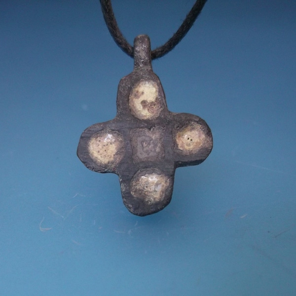 Ancient Small Enameled Byzantine Bronze Cross of the Kievan Rus' 11-12th Century AD