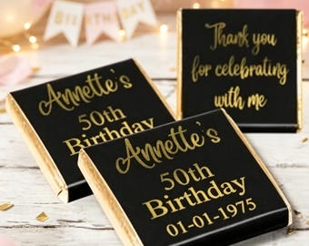 Personalised Chocolate Happy Birthday Party Favours Black Wrapper with Gold or Silver Printed Foil Table Decorations
