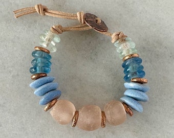 Pink and Light Blue Recycled Glass Bracelet with Ashanti and Copper Beads. Glass Java and Disc Ashanti Beads. Fair Trade Beads.