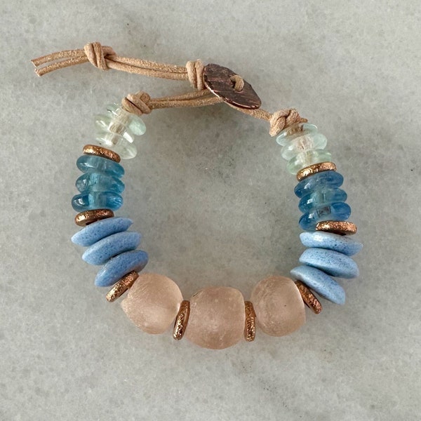 Pink and Light Blue Recycled Glass Bracelet with Ashanti and Copper Beads. Glass Java and Disc Ashanti Beads. Fair Trade Beads.