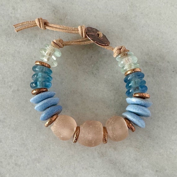 Recycled Glass Beaded Bracelet: Pink, Blue, Copper, Fair Trade