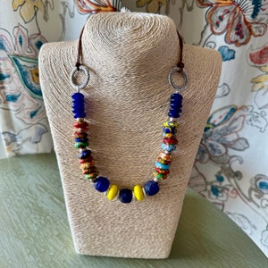 Recycled Glass Rondelle Bead Necklace: Bright Rainbow African Medley