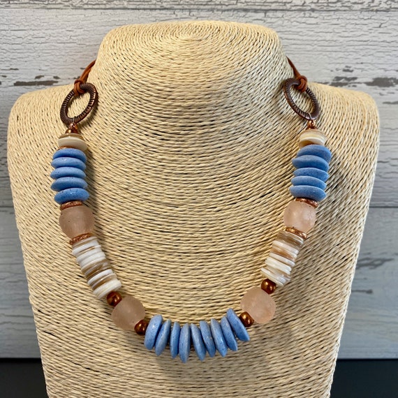 Ashanti Bead Necklace: Fair Trade Recycled Glass & Shell Heishi Beads