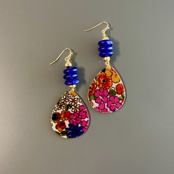 Floral Teardrop Dangle Earrings: Recycled Blue Glass Beads, Gold Tone