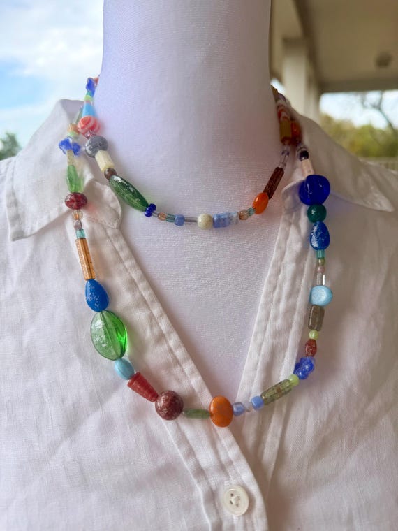 Extra long necklace made with multicolor Czech pressed glass mixed-beads.