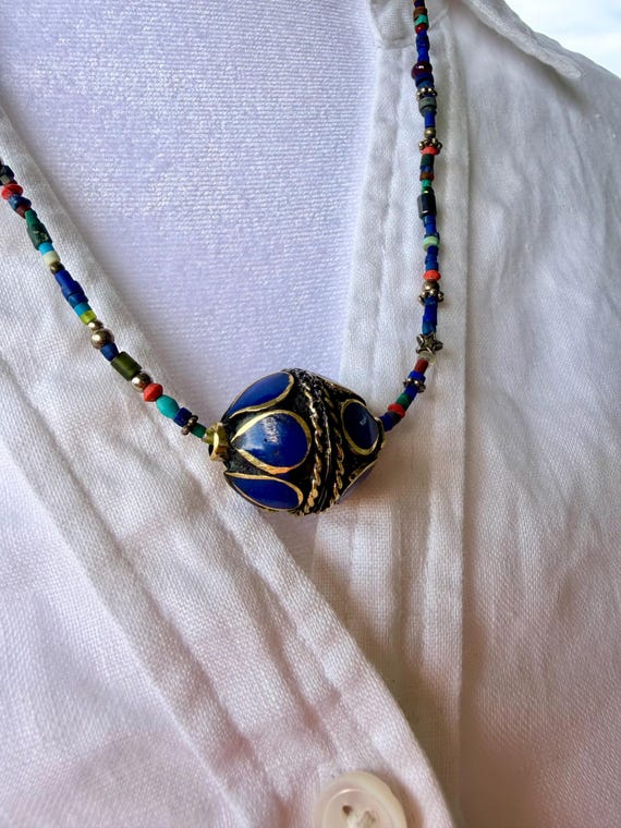 Afghan beaded necklace with extra large blue inlay bead