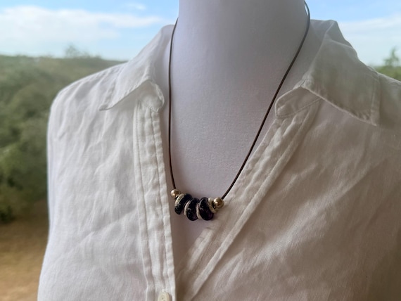 Purple Czech Glass Necklace, African Trade Beads, Leather Strand