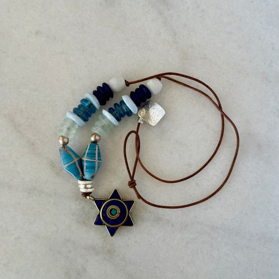 Blue Turquoise Star Pendant Necklace: Recycled Glass Beads, Leather Cord
