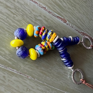 Rainbow Recycled Glass Rondelle Bead Necklace: Upcycled Yellow & Cobalt Blue