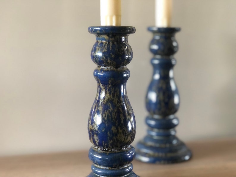 Set of 2 Ceramic Candle Holders Blue With Greengold Etsy