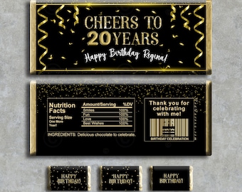 24 Personalized 50th Birthday Party Favors Chocolate Candy Bar Wrappers Black Gold 40th Birthday Favors Free Minis Balloons Confetti Sequins