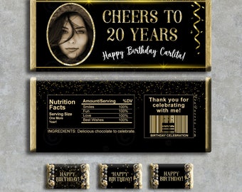 24 Personalized 50th Birthday Party Favors Chocolate Candy Bar Wrappers Black Gold 40th Birthday Favors Free Minis Balloons Confetti Sequins