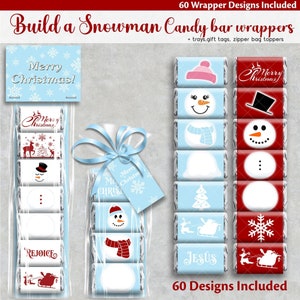 Op de afbeelding: Een set van 60 printbare kerstchocoladeverpakkingen met een sneeuwpop-thema. De verpakkingen zijn in blauw en rood met witte accenten. De verpakkingen bevatten verschillende kerstontwerpen, waaronder sneeuwpoppen, sneeuwvlokken, kerstboom, rendieren en de kerstman. De tekst "Merry Christmas!" en "Rejoice" is op sommige verpakkingen opgenomen.