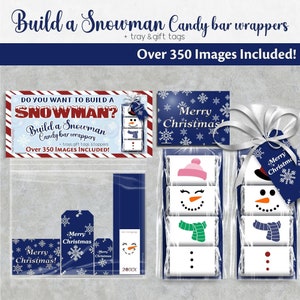 Op de afbeelding: Een set bedrukbare snoepreepverpakkingen met een sneeuwpop-thema. De verpakkingen zijn blauw en wit met sneeuwvlokken en de tekst "Merry Christmas". De set bevat ook een bedrukbaar dienblad en cadeau-etiketten.