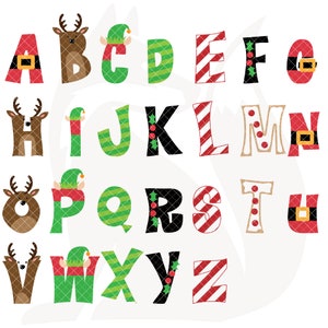 Puede incluir: Un alfabeto colorido con temas navideños. Cada letra está decorada con un reno, un elfo o un bastón de caramelo. Las letras están en mayúsculas y están ordenadas alfabéticamente.