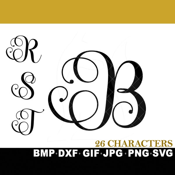 SVG 26 Monogram Letters Bundle Script Font Calligraphy JPG png GIF Fancy Swirls Tails Scripty Elegant Decor Zip Alphabet Split Letter abc