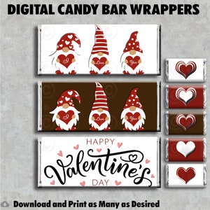 Descarga digital imprimible de envoltorios para barras de chocolate con el mensaje «FELIZ DÍA DE SAN VALENTÍN». Incluye envoltorios en miniatura gratuitos.