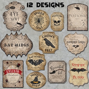 May include: Twelve vintage-style Halloween potion bottle labels with spooky illustrations and text. The labels feature images of spiders, bats, crows, and other Halloween creatures. The text on the labels includes phrases like "Eye of Newt", "Bat Wings", "Vampire Blood", and "Witch's Brew".