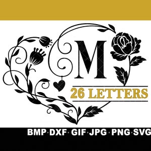 SVG 26 Monogram Letters Bundle Script Font Cricut Silhouette Inkspace JPG png GIF Corazón Flor Elegante Decoración Zip Alfabeto Dividir Letra abc