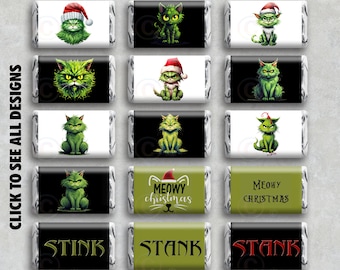 Könnte beinhalten: Zwölf druckbare Designs für Schokoladenriegel-Verpackungen mit einer grünen Katze mit Grinch-ähnlichem Aussehen. Die Designs zeigen verschiedene Posen und Ausdrücke der Katze, darunter das Tragen einer Weihnachtsmütze und eine Weihnachtsbotschaft. Der Text auf den Verpackungen lautet "Stink", "Stank" und "Meow Christmas".
