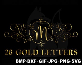 May include: Gold letter M in a decorative circle with gold swirls on either side. The text "26 GOLD LETTERS" is below the circle and the text "BMP.DXF.GIF.JPG.PNG.SVG" is below that.
