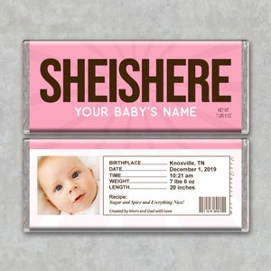 BABY BIRTH ANNOUNCEMENT Personalized Custom Printed Chocolate Candy Bar Wrappers Labels Photo Quality Paper Photo Baby Girl Prints Baby Boy