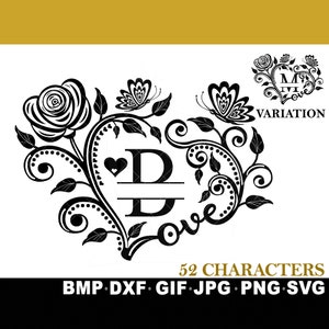 SVG 52 Letra dividida Monograma Letras Pacote Fonte Cricut Silhouette Inkspace JPG png GIF Coração Flor Floral Rosa Borboleta Zip Alfabeto abc
