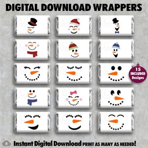May include: Printable digital download of 15 different snowman designs for wrapping candy bars. The designs include various snowman faces with different expressions, hats, and scarves.