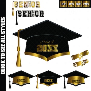 May include: A set of graduation cap graphics in black and gold. The caps feature the text "Class of 20XX" in gold lettering. There are four different styles of caps, including a traditional cap with a tassel, a cap with a rolled diploma, and two caps with the year 20XX on the front.