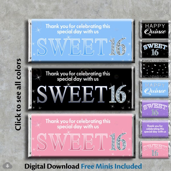 Digital Download Printable Happy 16 BIRTHDAY Chocolate Candy Bar Wrappers Pink Blue Lavender Silver Glitter Quinceanera Sweet 16 FREE Minis