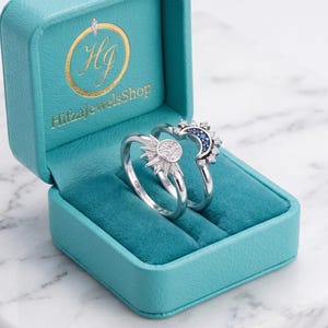 Silver Sun and Moon Ring Set, Celestial Promise Rings, Matching Couple Stacking Rings