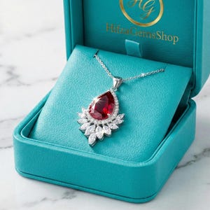 Red Teardrop CZ Pendant, Halo Statement Necklace, Marquise Sunburst Bridal Jewelry