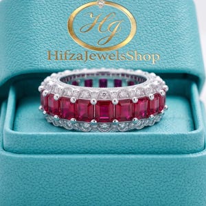 Vintage Art Deco Red CZ Eternity Band in Silver, Anniversary Stacking Ring