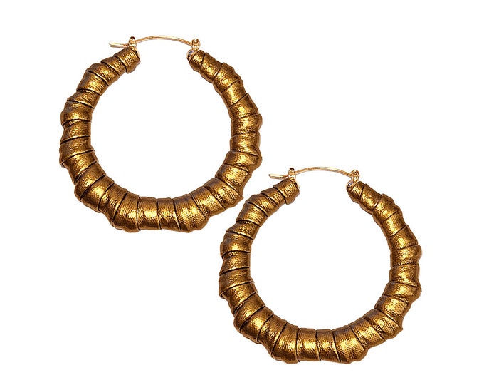 Gold Faux Leather Bamboo Hoop Earrings