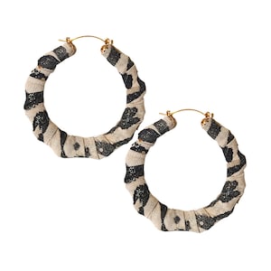 Hoop Earrings | Bamboo Earrings | Black and White | Silver Highlights | Fabric Covered | Fabric Covered | Shiny Fabric | Beautiful Gift