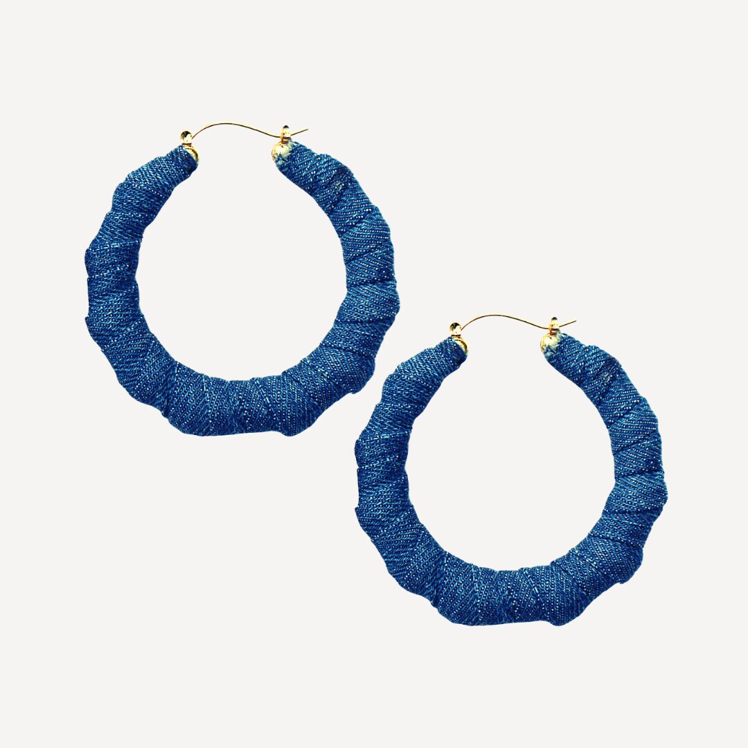 Blue Denim Earrings Denim Wrapped Hoop Earrings Bamboo | Etsy