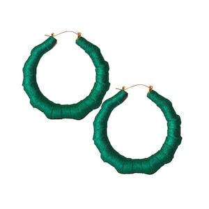 Hoop Earrings | Bamboo Earrings | Green | Hand-wrapped | Fabric Covered | Light Weight and Airy | Green Material | Kelly Green Earrings |